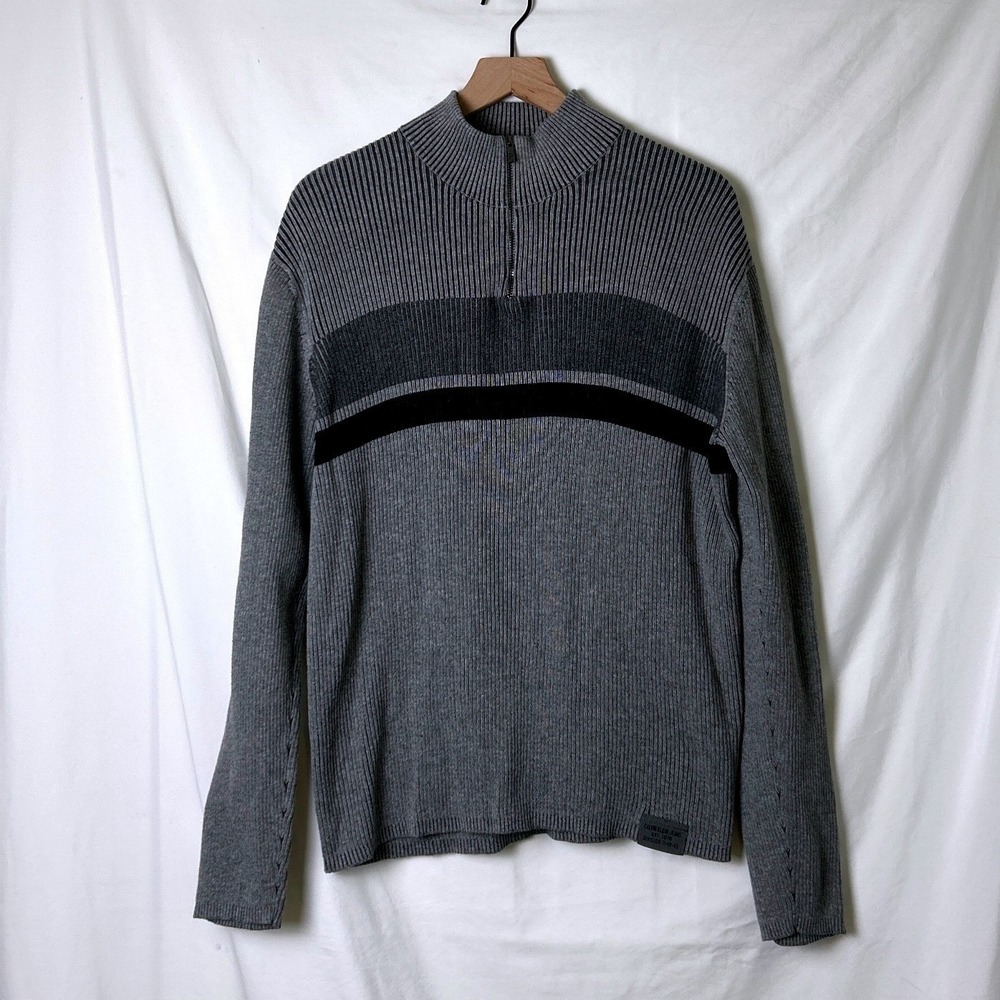 Calvin Klein Quarter Zip Striped Cotton Mens Sweater Grey Size L Casual Classic
